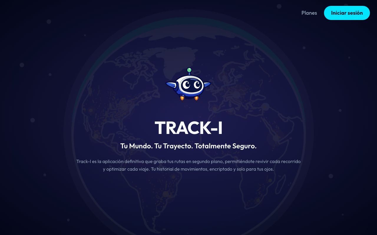 Portada de Track-I: globo terráqueo con mascota robot y lema Tu Mundo. Tu Trayecto. Totalmente Seguro.
