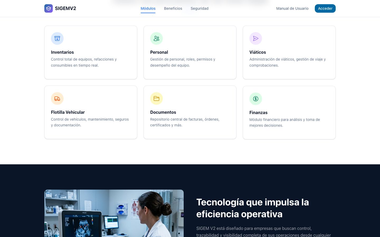 Módulos de SIGEMV2: inventarios, personal, viáticos, flotilla, documentos y finanzas